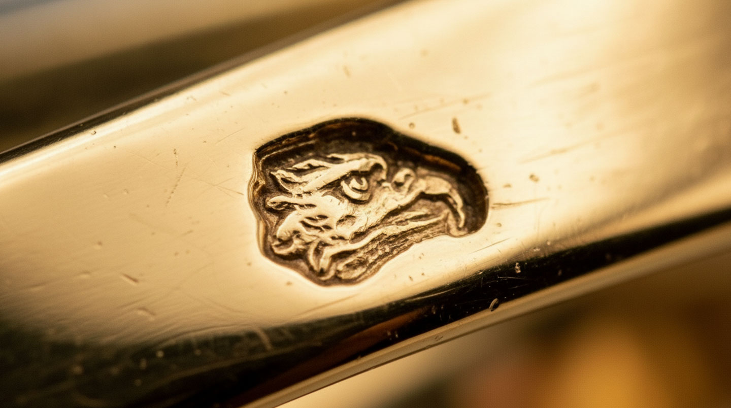 Gros plan sur un poinçon tête d'aigle français visible sur le fermoir d'un bracelet en or, inspecté à la loupe par une main gantée sur un établi de bijoutier