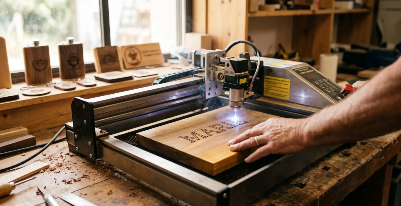 Machine de gravure laser gravant un prénom sur une planche à découper en bois dans un atelier artisanal français, main d'artisan visible positionnant l'objet
