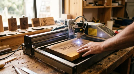 Machine de gravure laser gravant un prénom sur une planche à découper en bois dans un atelier artisanal français, main d'artisan visible positionnant l'objet