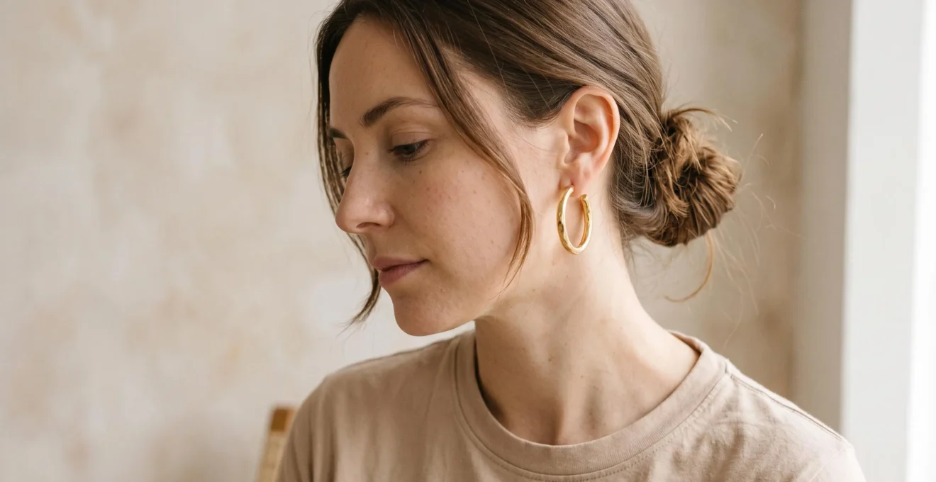 Portrait trois-quarts d'une femme aux cheveux châtains en chignon portant des créoles dorées moyennes, visage ovale harmonieux, lumière naturelle douce, fond beige neutre