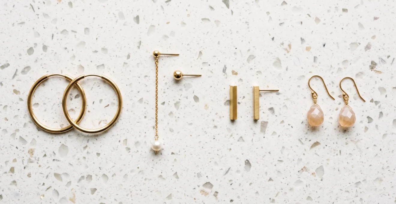 Quatre paires de boucles d'oreilles de styles variés disposées horizontalement sur surface terrazzo blanc crème : créoles larges dorées, asymétriques, puces minimalistes et pendants délicats avec pierre